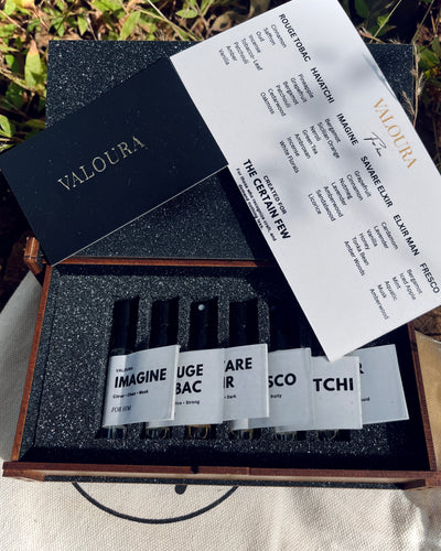 Valoura Edit For Him box and vials photographed in outdoor environment