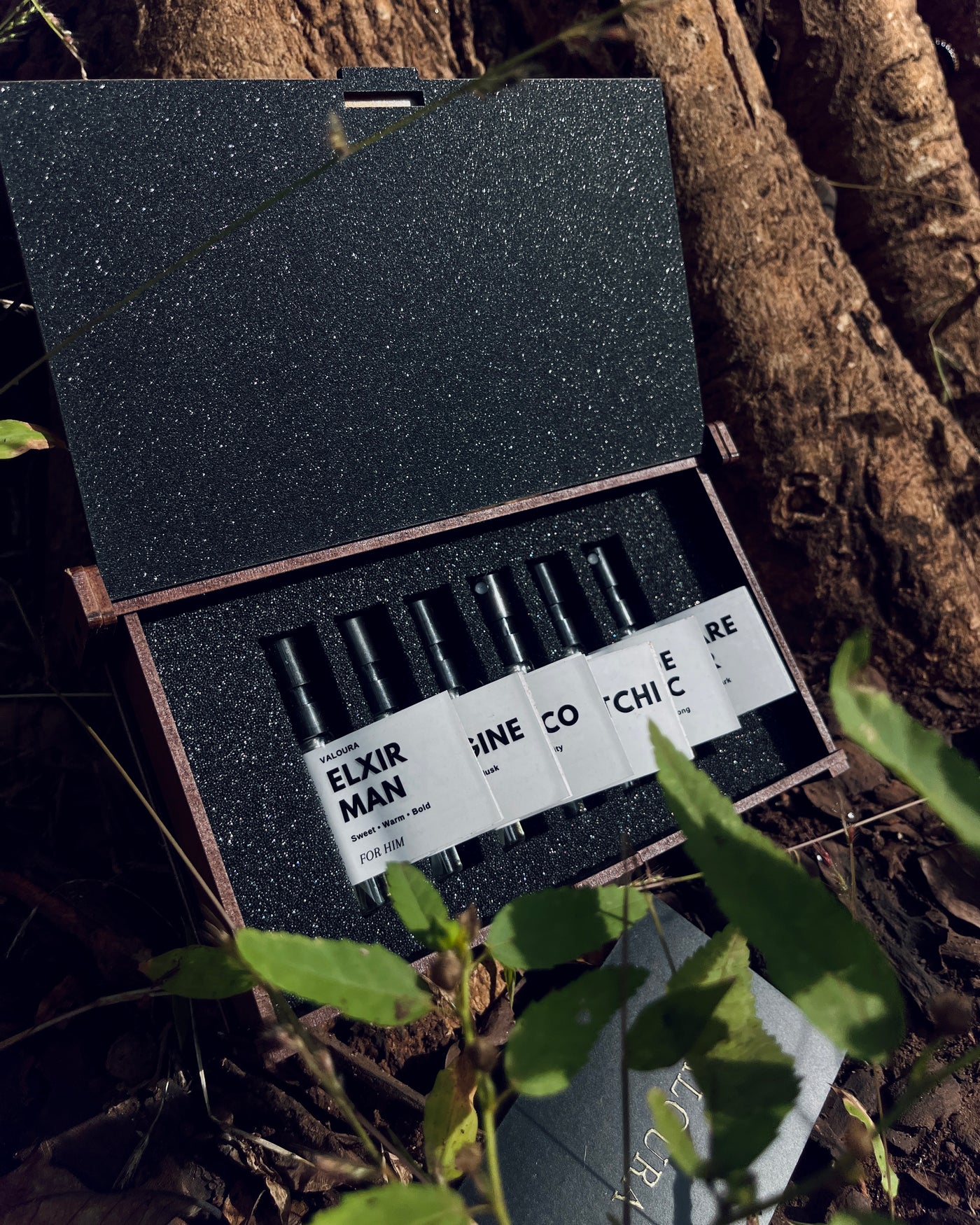 Artistic outdoor shot of Valoura Edit For Him vials focusing on glass and shadow detail