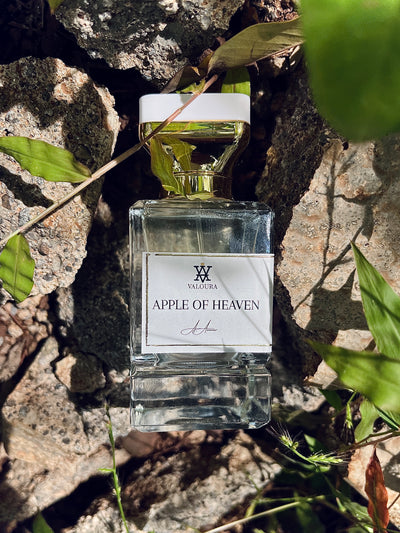 Valoura Apple of Heaven perfume bottle on a rocky  surface with green leaves.