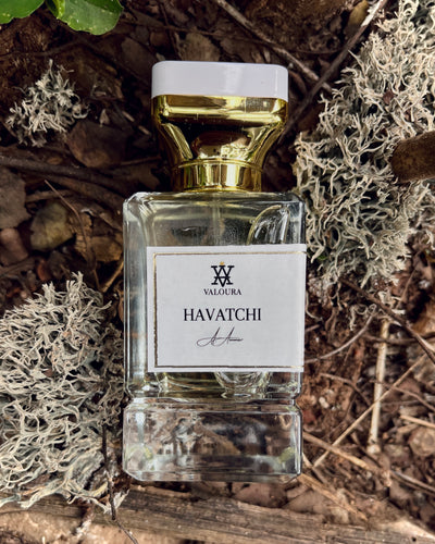 Perfume bottle labeled 'Havatchi' by Valoura on a oakmoss background