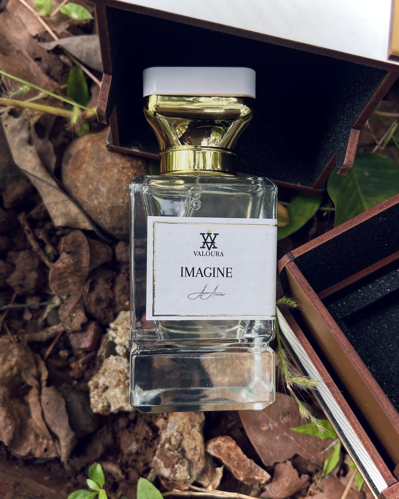 Perfume bottle labeled 'Imagine' by Valoura with box  on a natural background with leaves and rocks.
