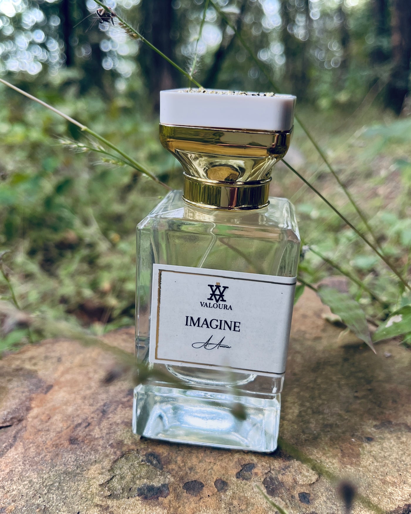 Perfume bottle labeled 'Imagine' by Valoura on a forest with twigs  background