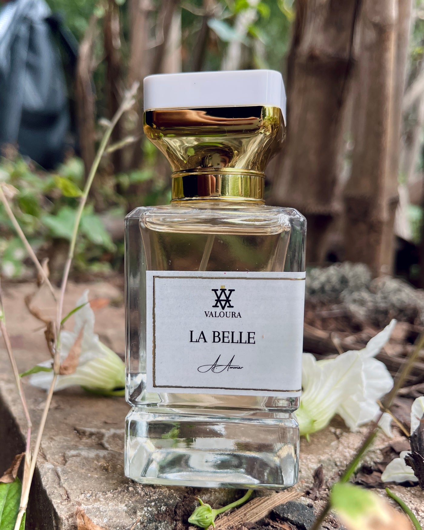 Perfume bottle labeled 'La Belle' by Valoura on a natural dried bamboo background with flowers.