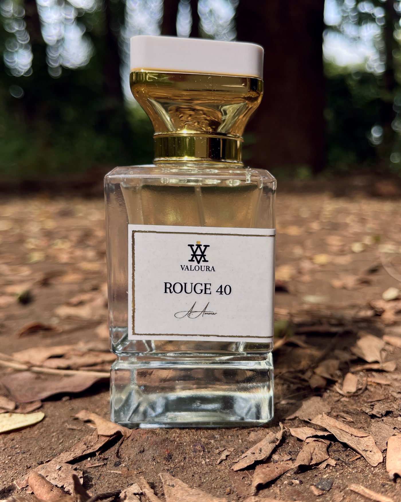 Artistic outdoor shot of Rouge 40 bottle emphasizing glass and shadow depth
