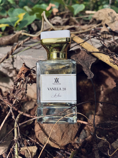 Perfume bottle labeled 'Vanilla 28' by Valoura on a stone with twigs on side behind a leafy background