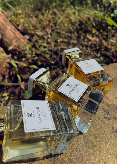 Three perfume bottles with labels on a stone grassy patch  background